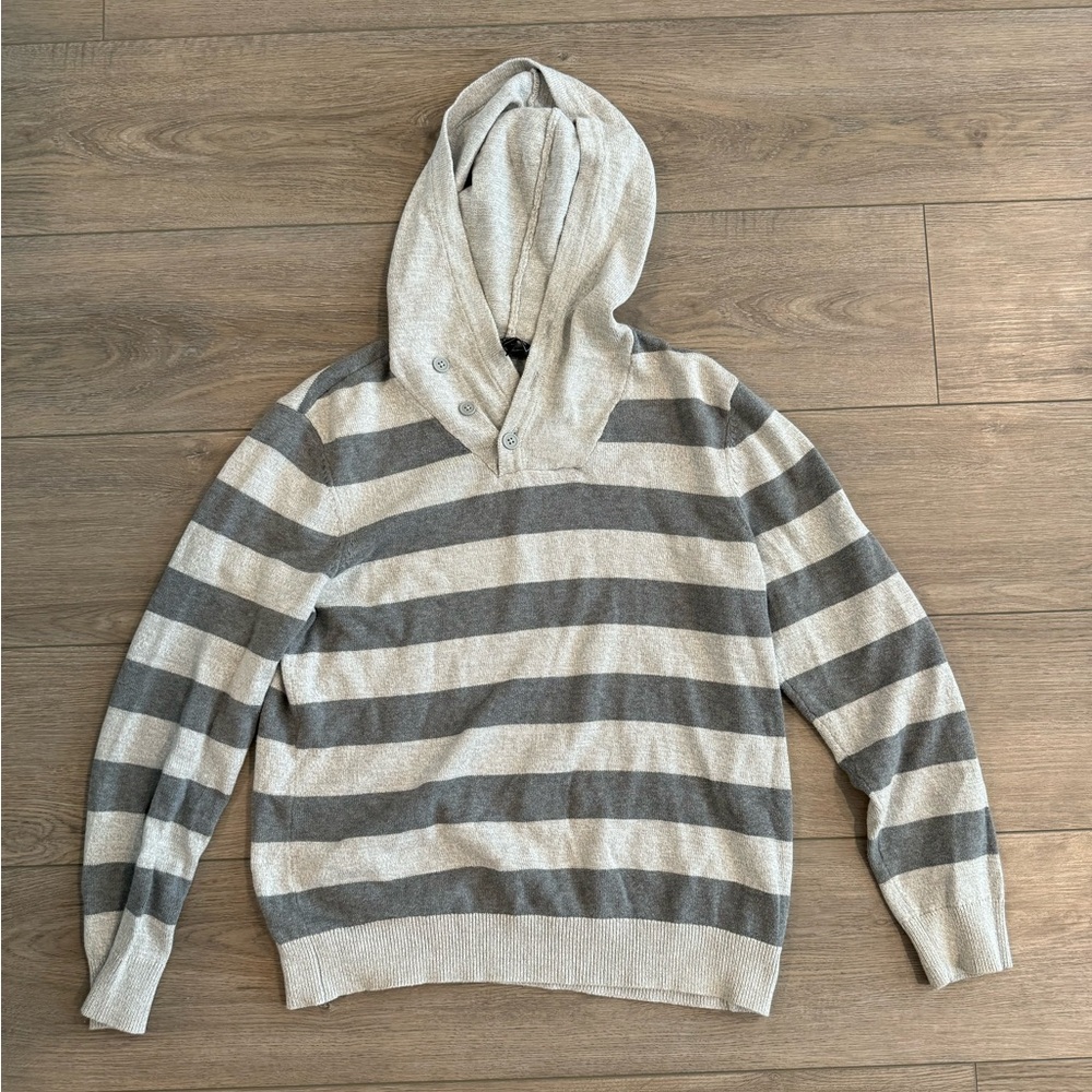 Express Buttoned Hooded Sweater (Light/Dark Gray Stripes) - Medium